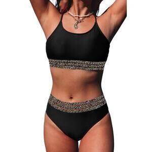 Black Leopard Mesh Trim  Bikini Swimsuit Set New Sizes: S, M, L